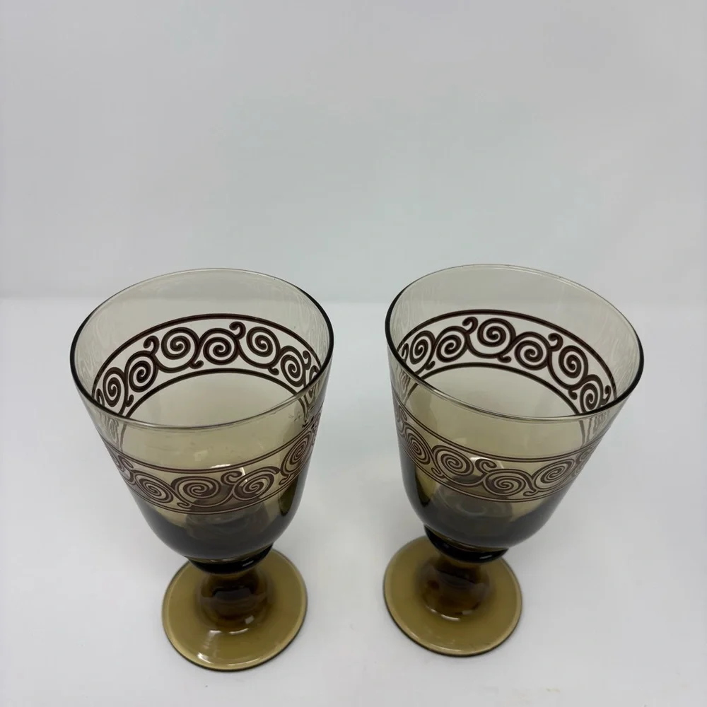 Vintage Amber Glass Goblet with Swirl Design Set of Two 7” Tall Glasses 16 Oz